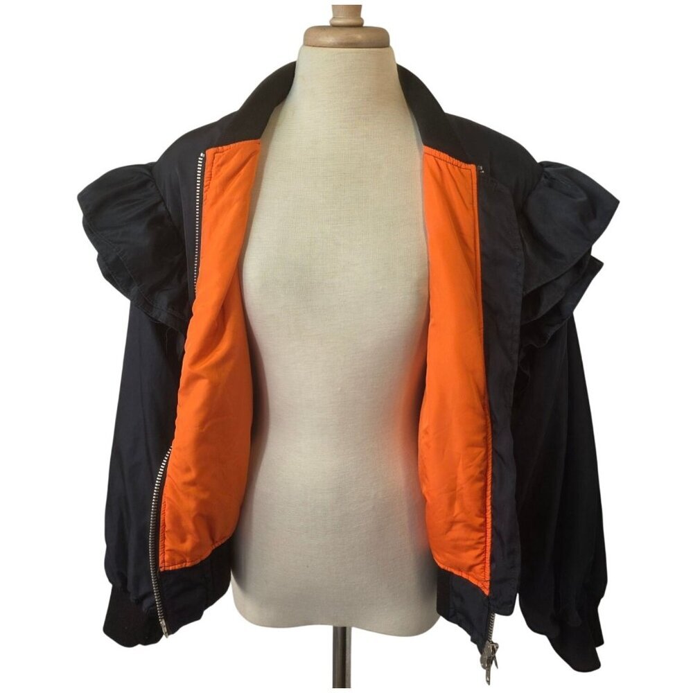 MABLE Ruffle Shoulder Bomber Jacket Womens Sz L Navy Silver Full Zip Cropped - Picture 6 of 13